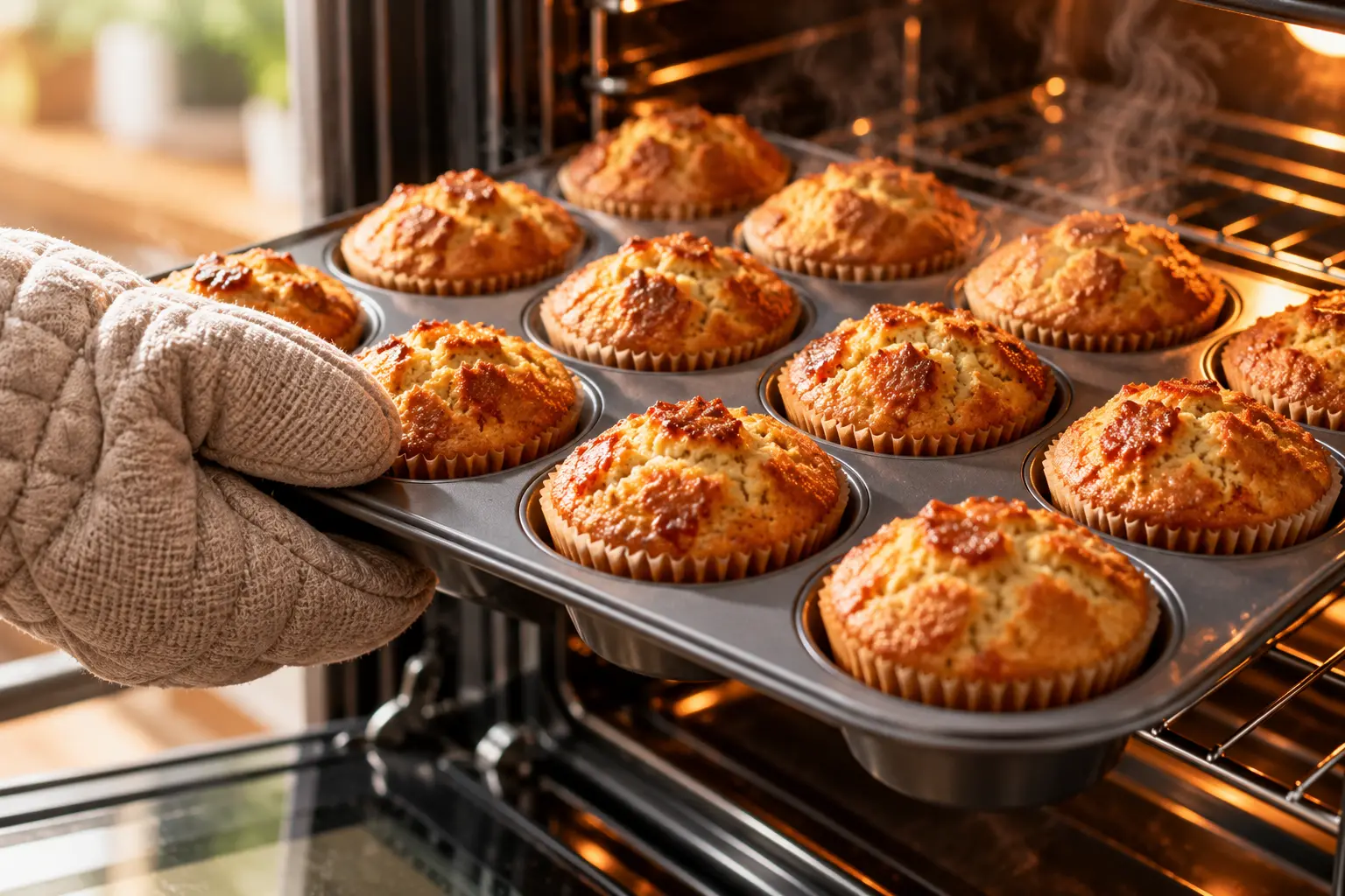Muffins caramel protéinés dorés sortant du four dans leur moule