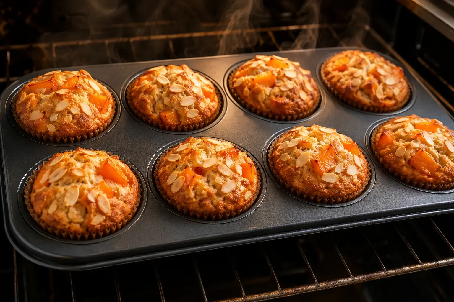 Moule à muffins avec 8 muffins dorés gonflés en sortie de four, amandes effilées dorées sur le dessus et morceaux d'abricots visibles