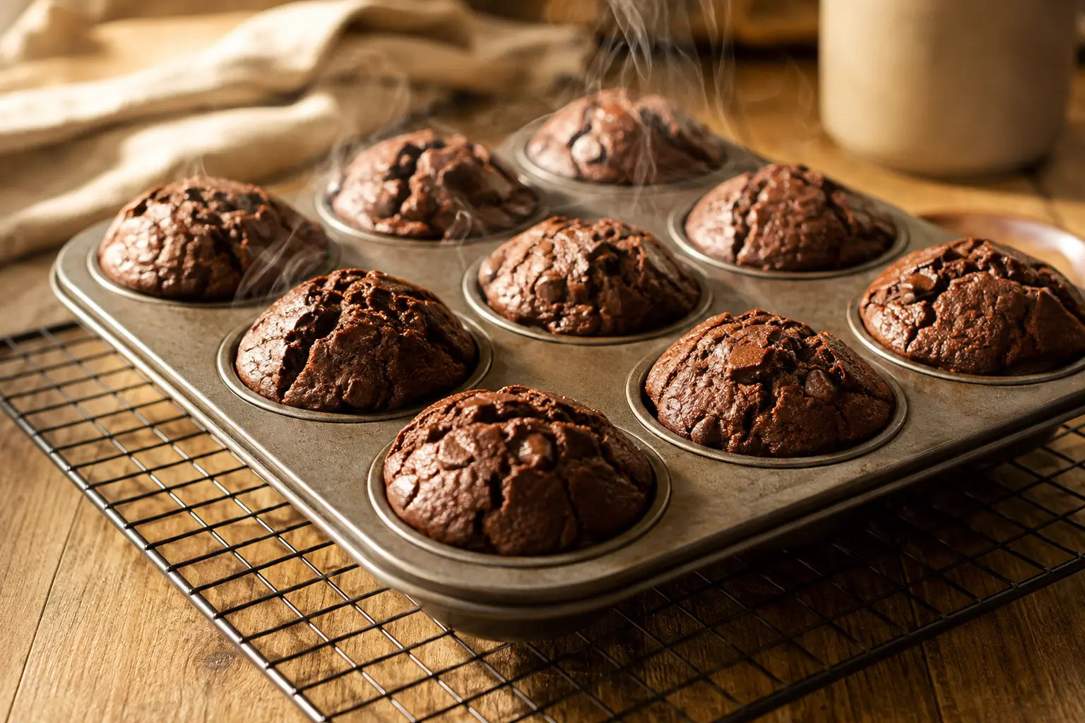 Muffins chocolat intense sortant du four, posés dans leur moule sur une grille