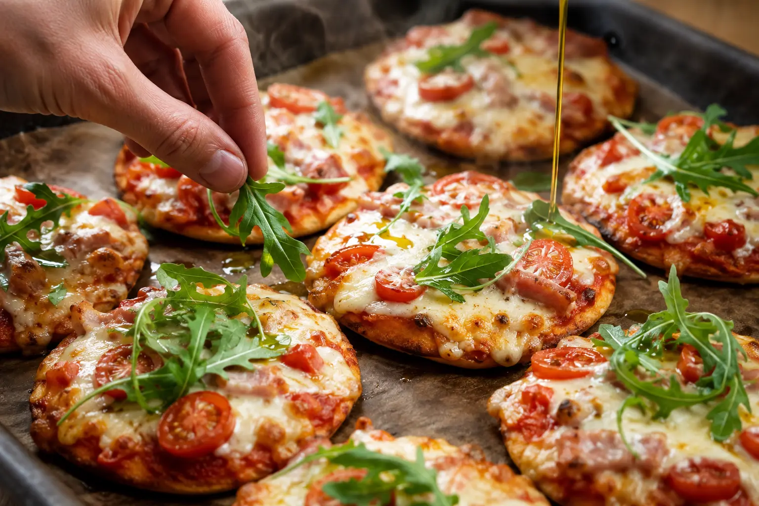Mini-pizzas protéinées sortant du four avec mozzarella fondue et dorée