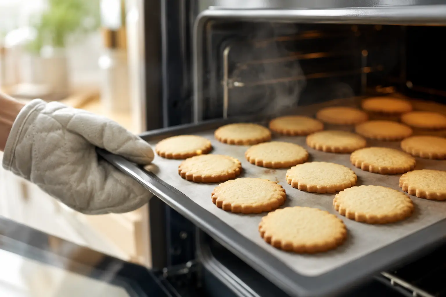 Biscuits sablés protéinés dorés sortant du four sur une plaque de cuisson