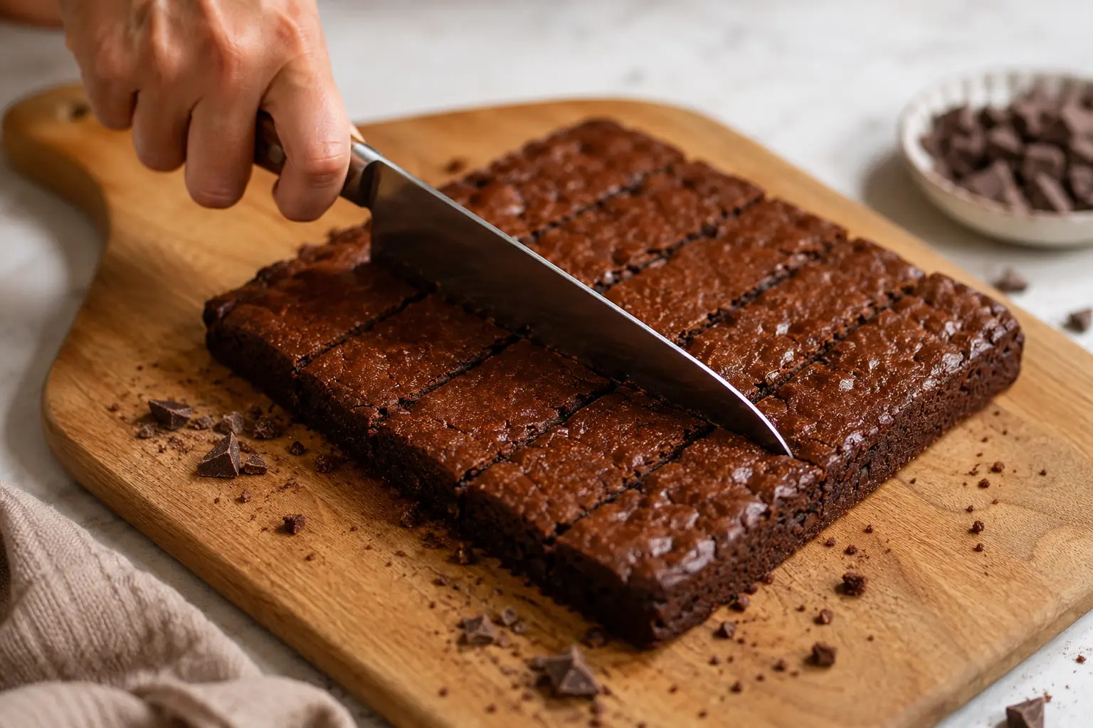 Découpe du brownie protéiné refroidi en barres régulières sur une planche