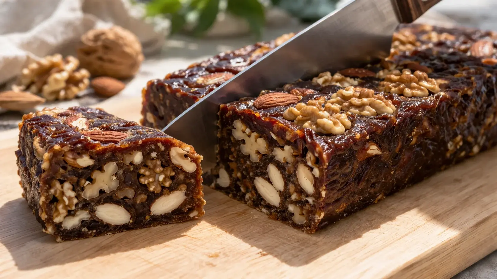 Grand couteau découpant le bloc de barres dattes et noix sur une planche en bois clair, coupe nette révélant la texture dense de pâte de dattes avec cerneaux de noix et amandes bien visibles