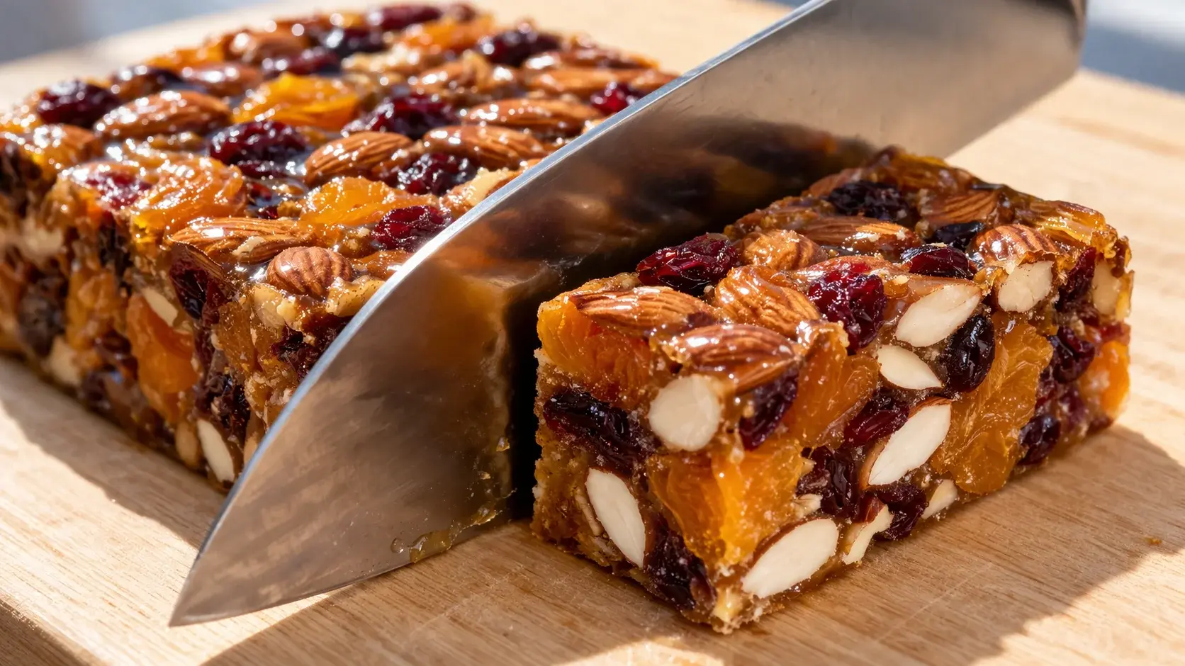 Grand couteau découpant le bloc de barres fruits secs et miel sur une planche en bois clair, coupe nette révélant amandes entières, abricots et cranberries liés par le caramel de miel brillant
