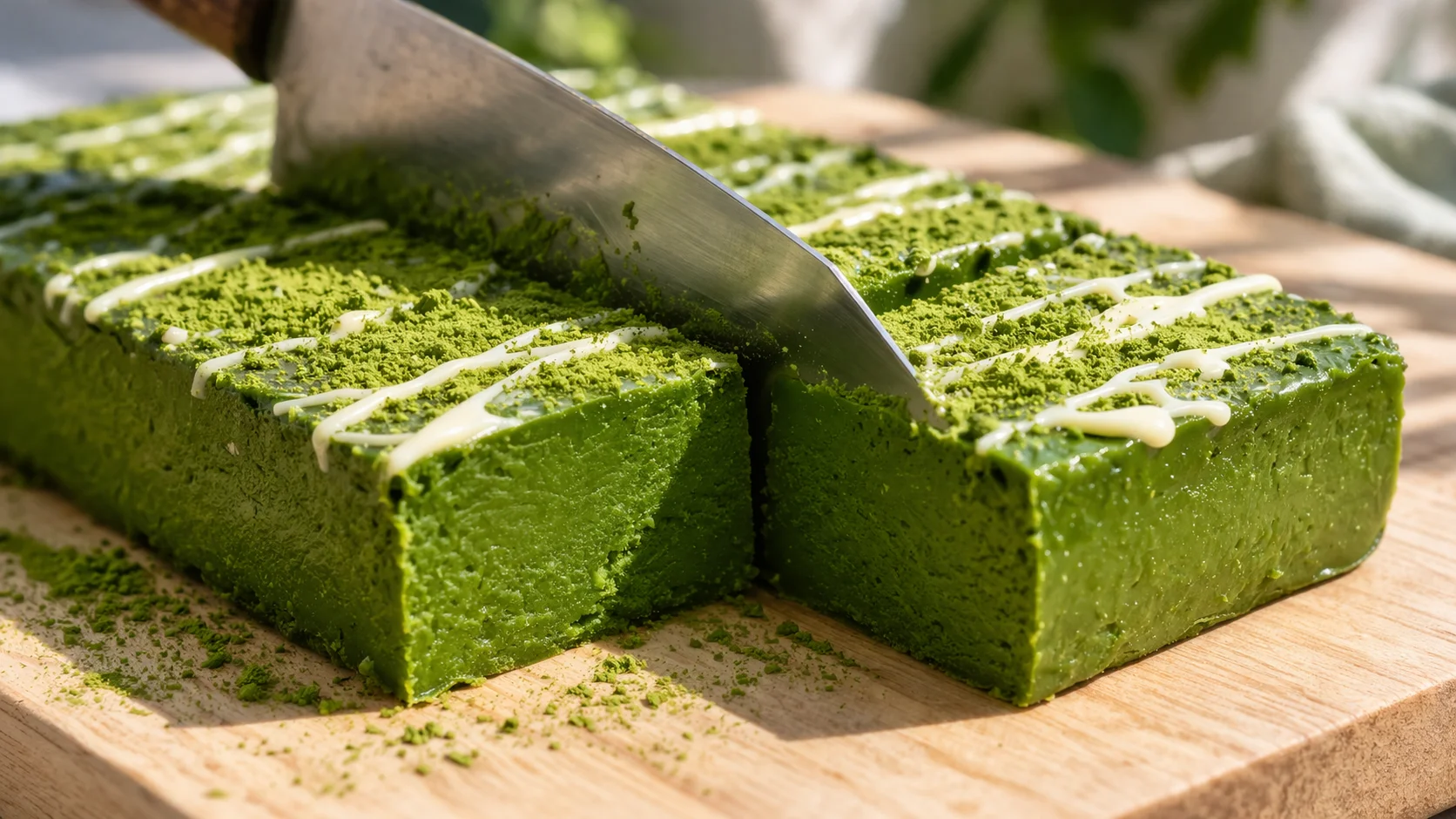 Grand couteau découpant le bloc de barres matcha vertes sur une planche en bois clair, coupe nette révélant la texture dense vert intense, poudre de matcha saupoudrée sur la surface