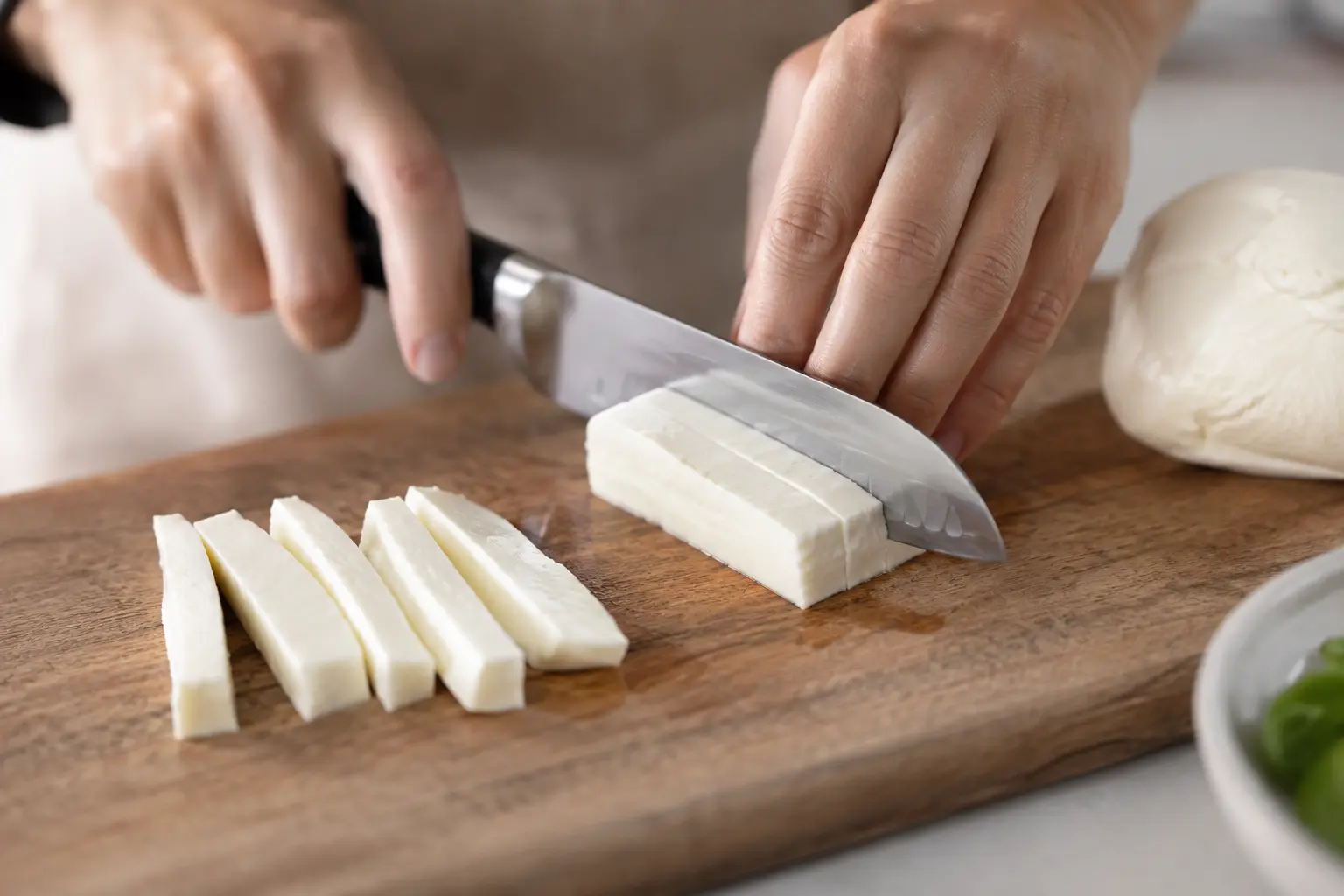 Mains découpant un bloc de mozzarella en bâtonnets réguliers sur une planche à découper