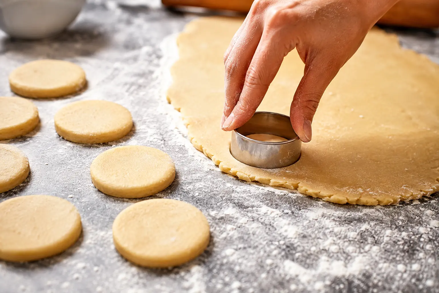 Découpe des biscuits sablés protéinés à l'emporte-pièce sur un plan de travail fariné