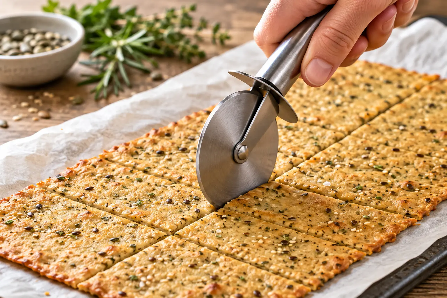 Découpe des crackers ail-persil en rectangles réguliers avec une roulette à pizza