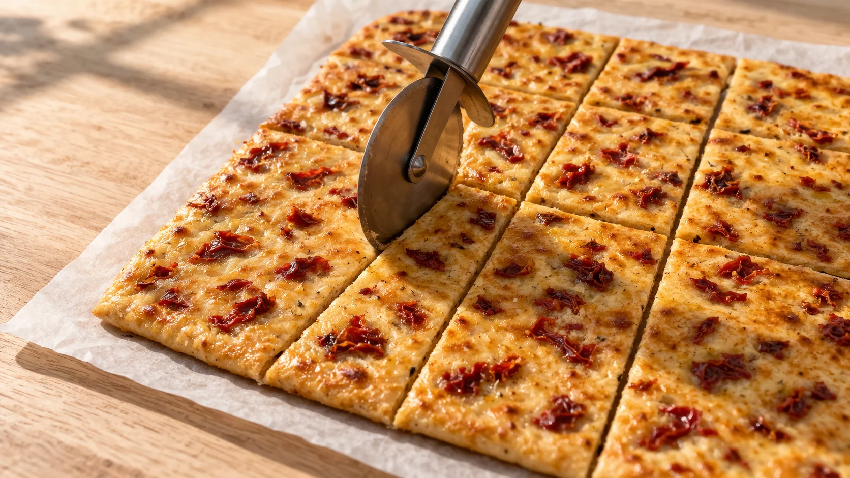 Roulette à pizza découpant la pâte aux tomates séchées en rectangles réguliers sur papier cuisson, lignes de coupe bien nettes avec éclats de tomates visibles, plan de travail en bois clair