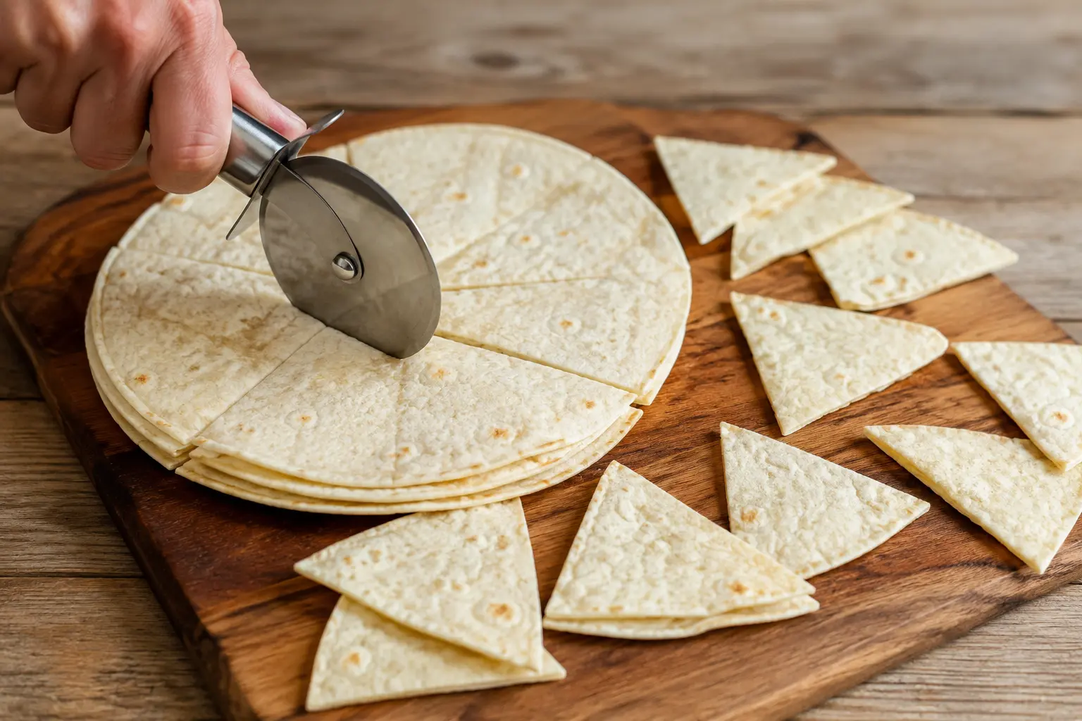 Découpe des tortillas protéinées en triangles avec une roulette à pizza