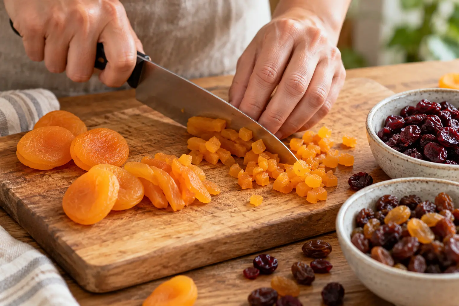Abricots secs découpés en petits dés sur une planche à découper