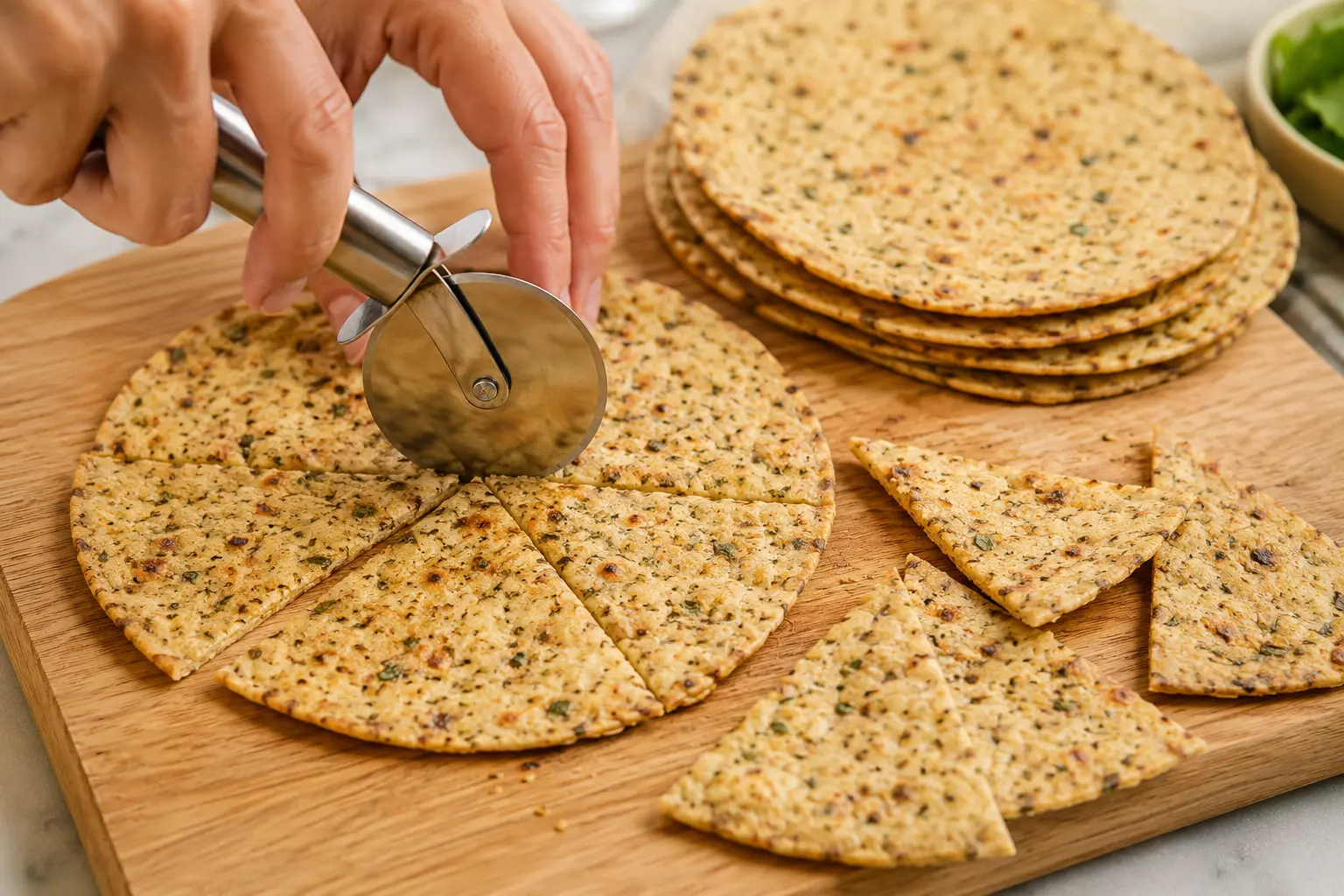 Découpe des wraps protéinés en triangles sur une planche à découper