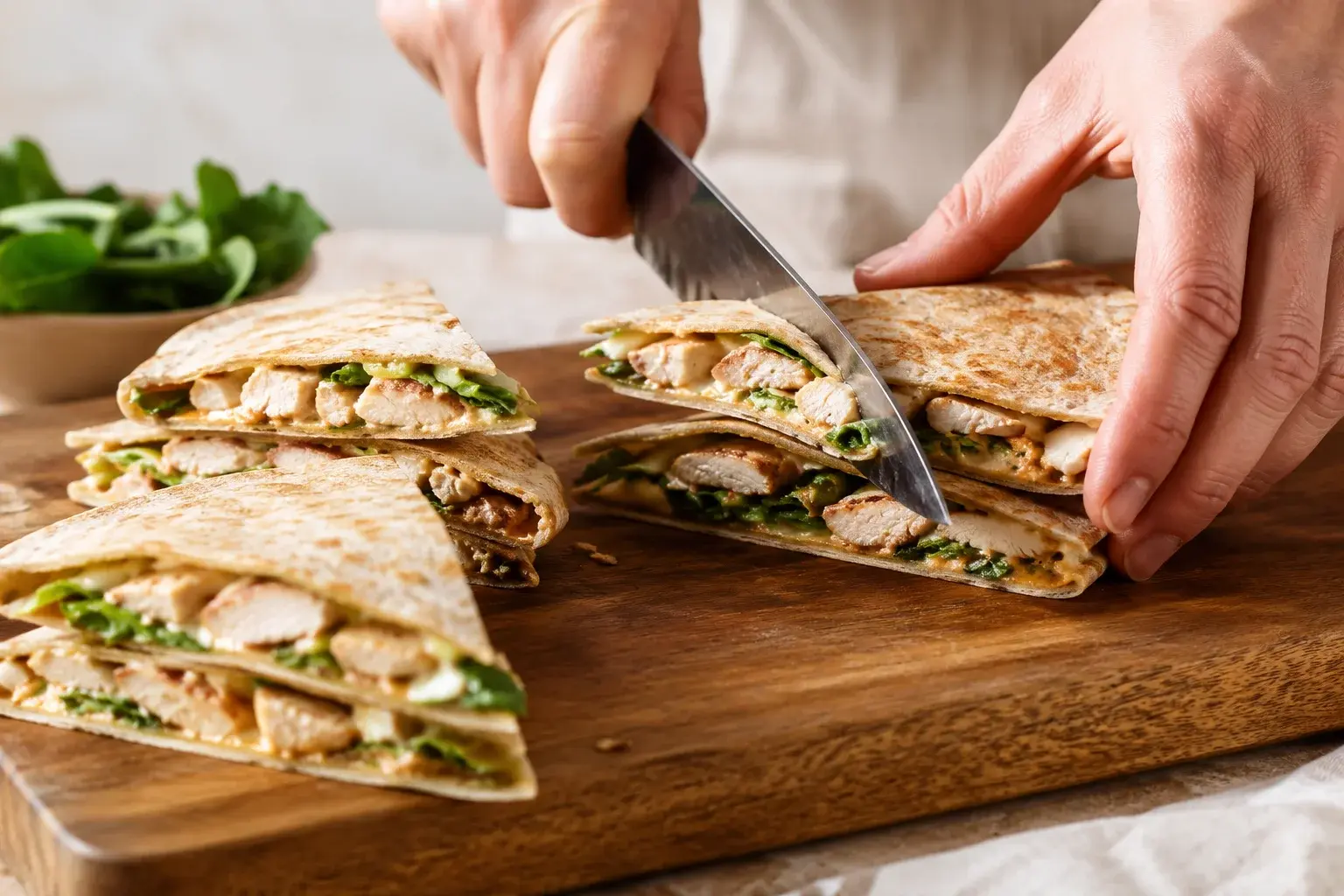 Découpe de wraps protéinés en triangles sur une planche à découper