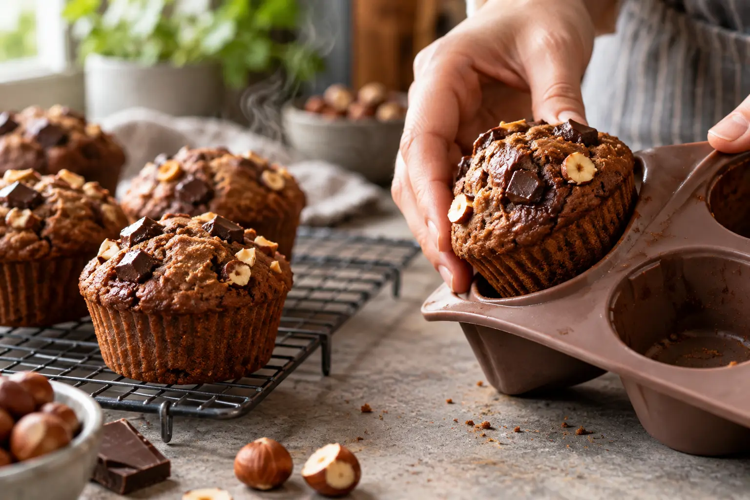 Muffins chocolat-noisette protéinés en train de refroidir sur une grille