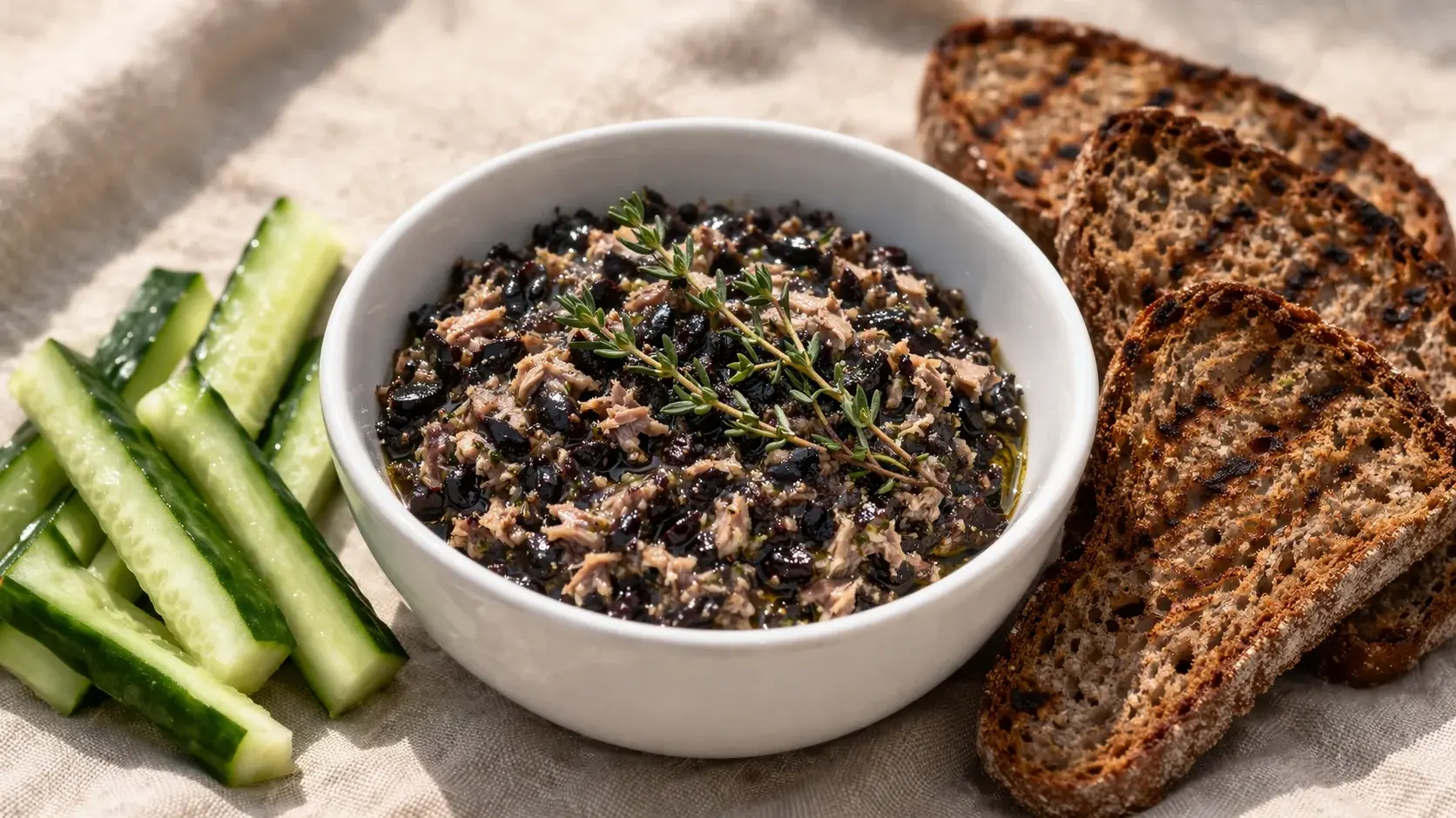 Bol en céramique blanche avec la tapenade olives noires et thon, filet d'huile d'olive brillant en surface, brins de thym frais en décoration, pain de seigle et légumes à côté sur fond lin beige