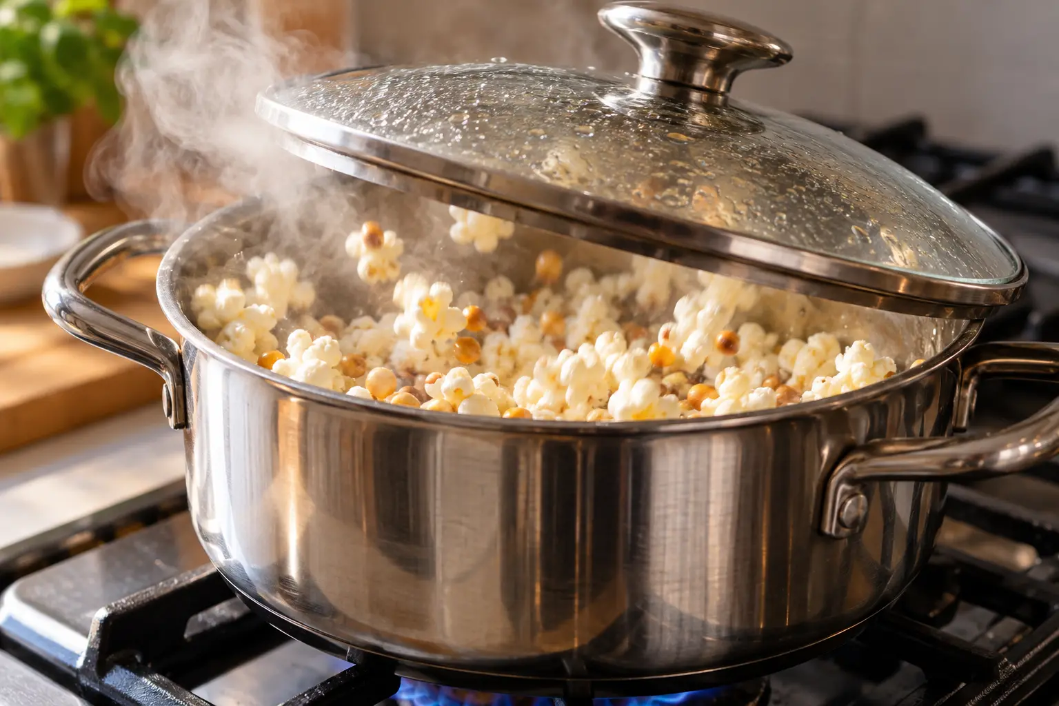 Grains de maïs en train d'éclater dans une casserole avec couvercle entrouvert
