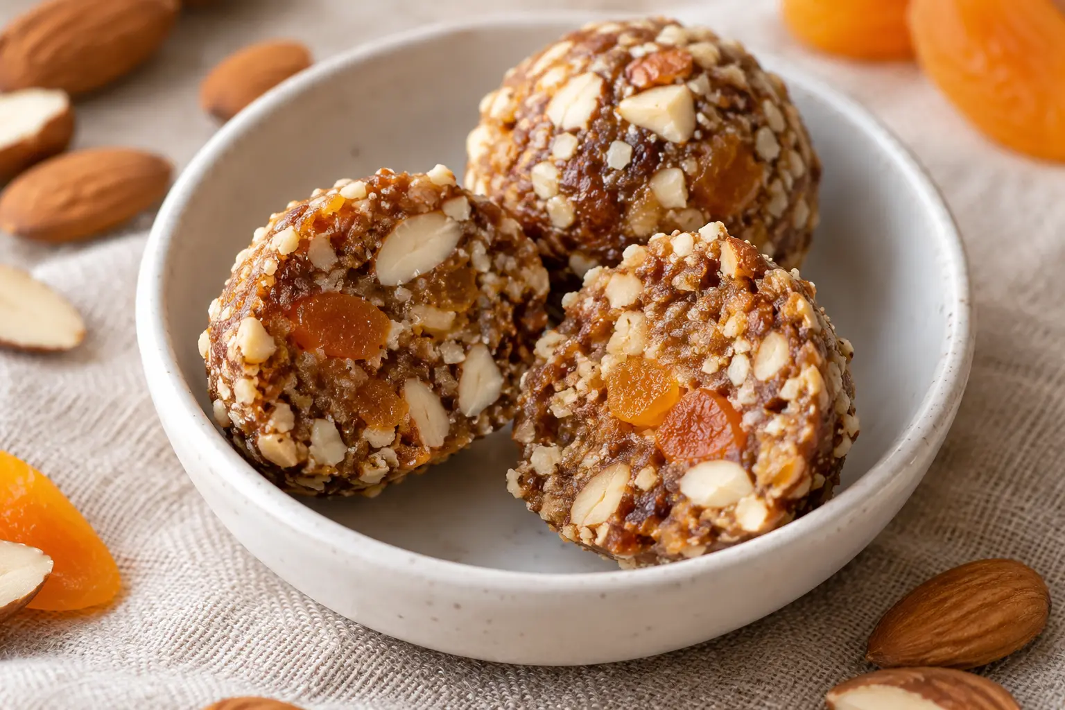 Gros plan sur une energy ball aux fruits secs coupée en deux montrant la texture intérieure