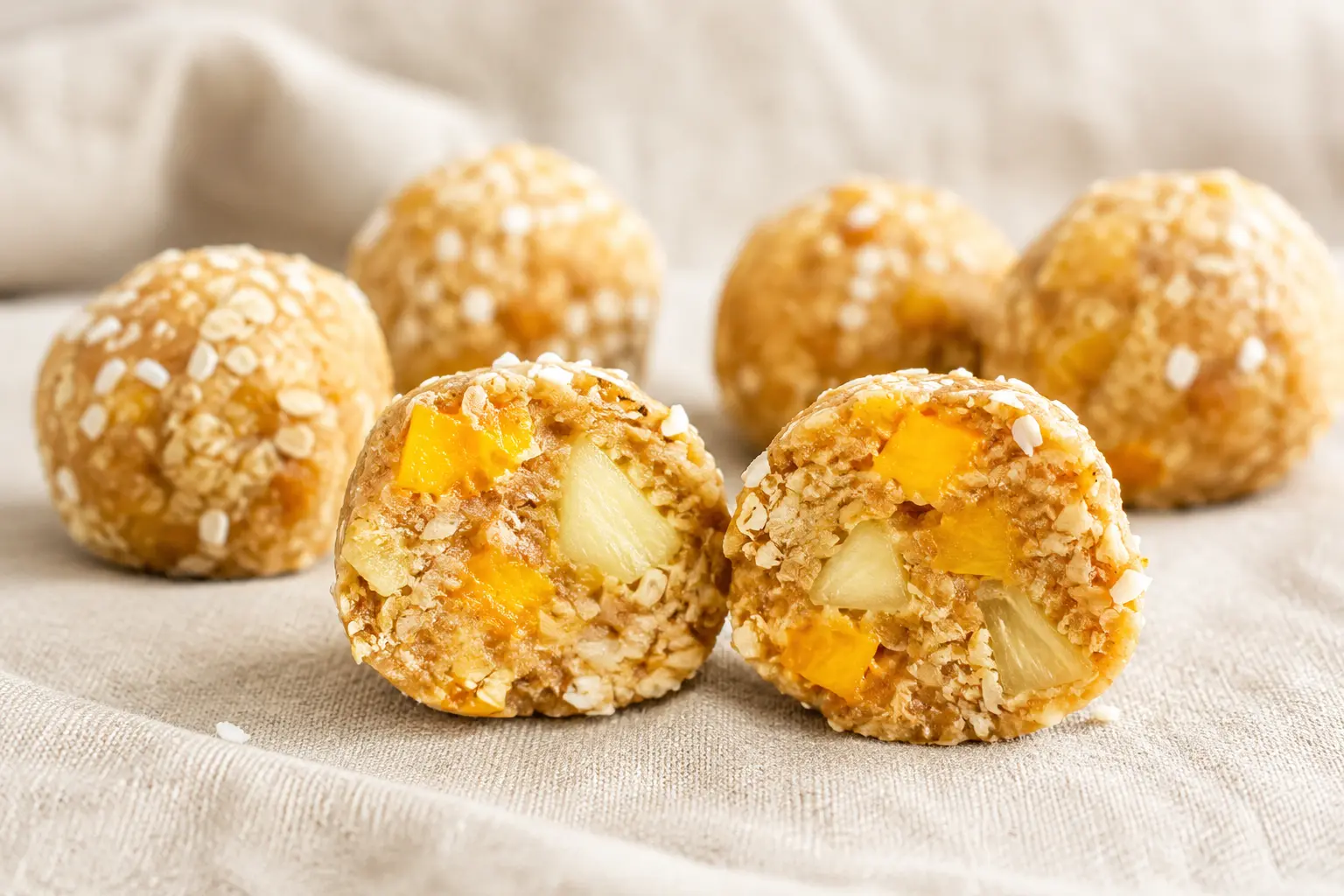 Gros plan sur une energy ball tropical coupée en deux montrant la texture fondante