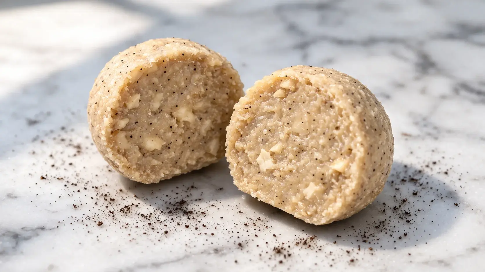 Gros plan sur deux energy balls vanille cajou coupés en deux, révélant leur texture dense et crémeuse