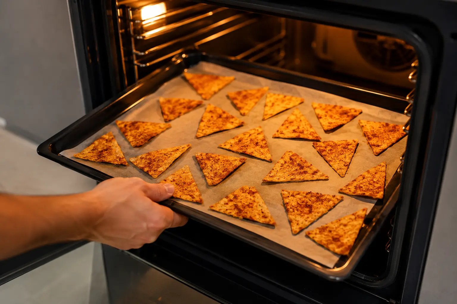 Triangles de tortilla épicés étalés sur une plaque de cuisson avant d'aller au four