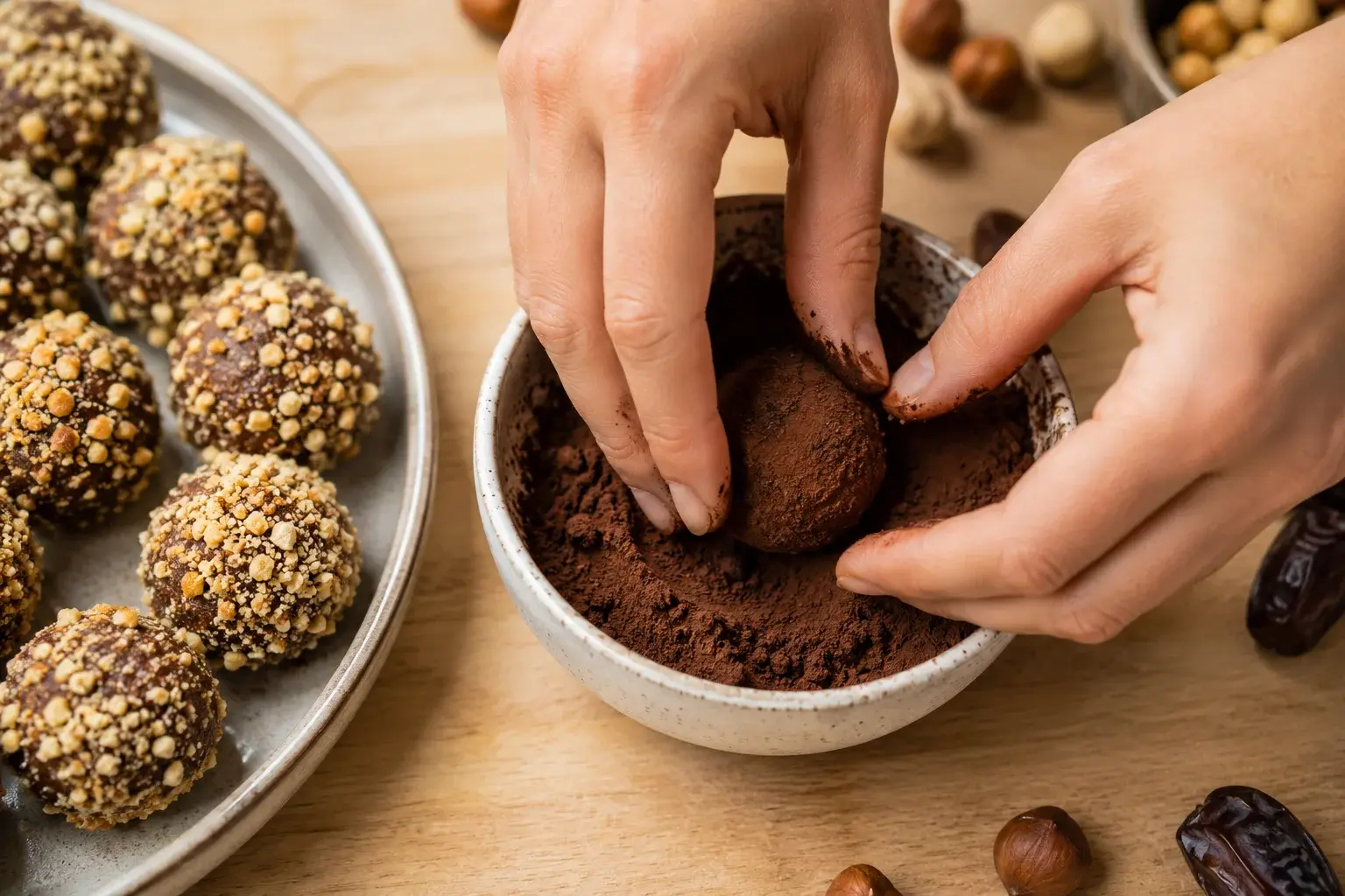 Mains qui roulent une ball protéinée dans un bol de cacao en poudre brun foncé, autres balls enrobées de noisettes concassées disposées à côté