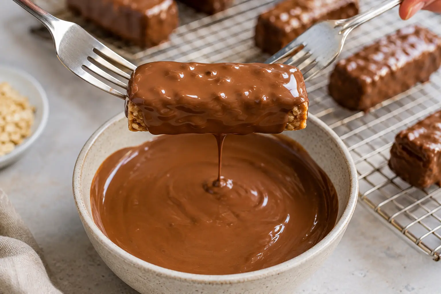 Barre protéinée en train d'être trempée dans du chocolat au lait fondu avec deux fourchettes