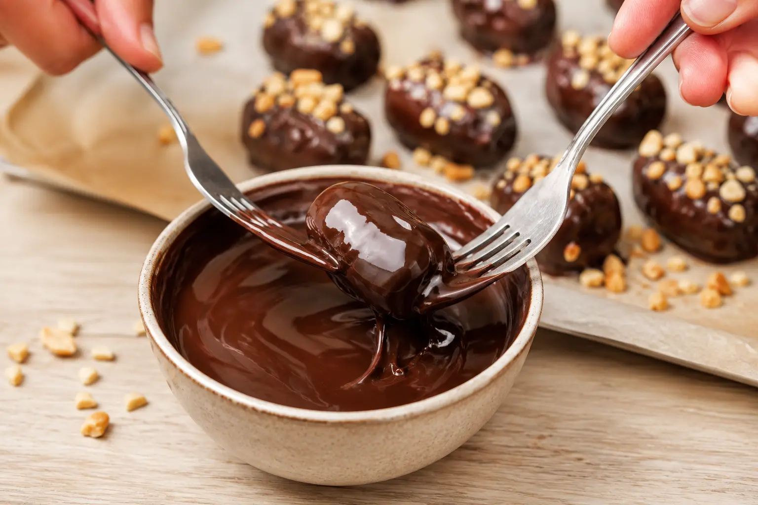 Bouchée de datte plongée dans le chocolat fondu à l'aide de deux fourchettes