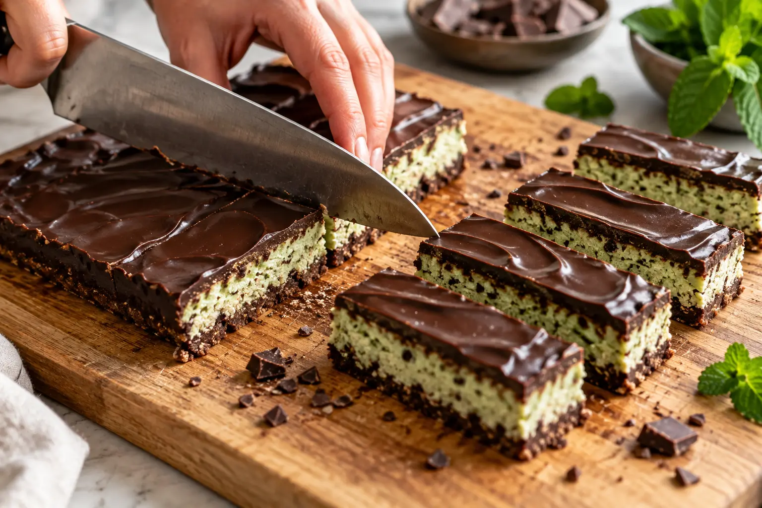 Découpe des barres chocolat-menthe protéinées sur une planche avec un couteau