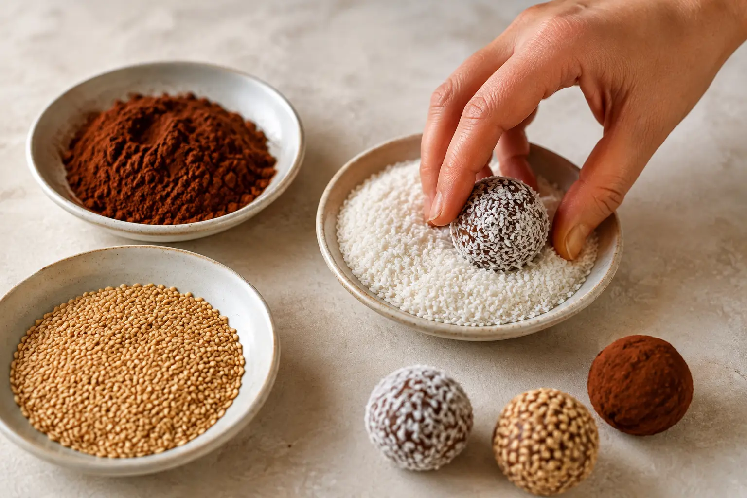 Energy balls roulées dans différents enrobages, noix de coco râpée, cacao et sésame, sur un plan de travail