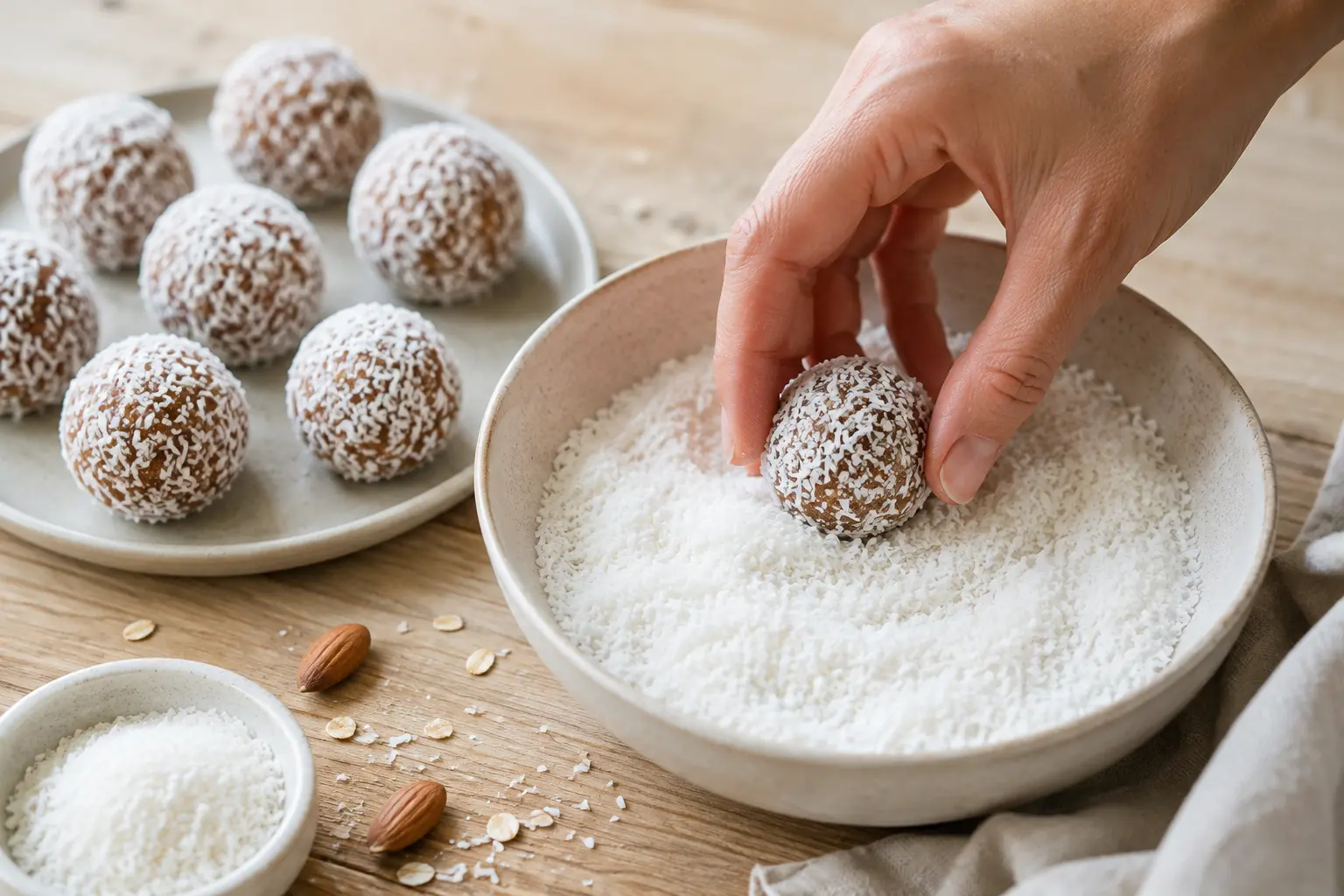 Energy balls roulées dans de la noix de coco râpée dans une assiette