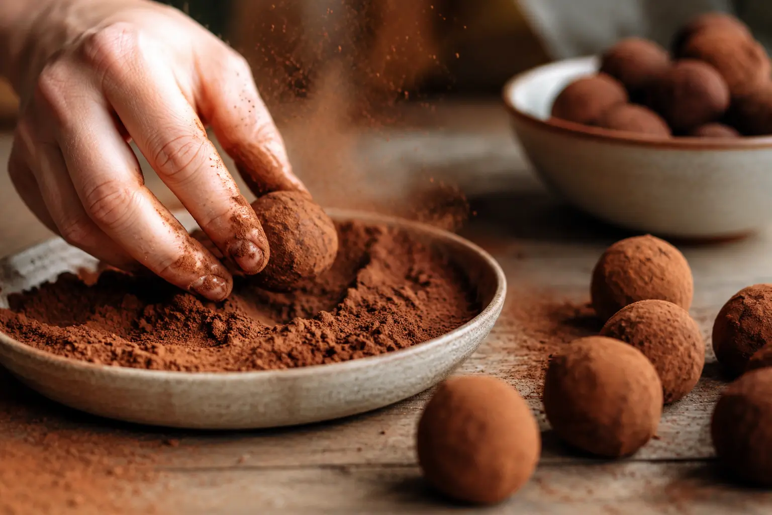 Truffes roulées dans le cacao en poudre sur une assiette