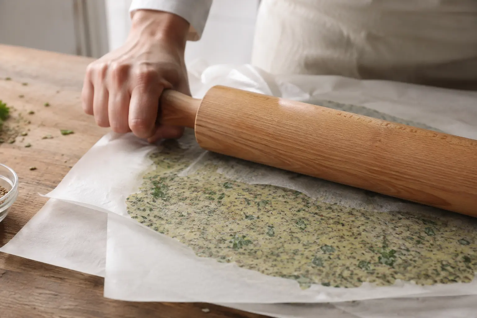 Pâte à crackers étalée finement entre deux feuilles de papier cuisson