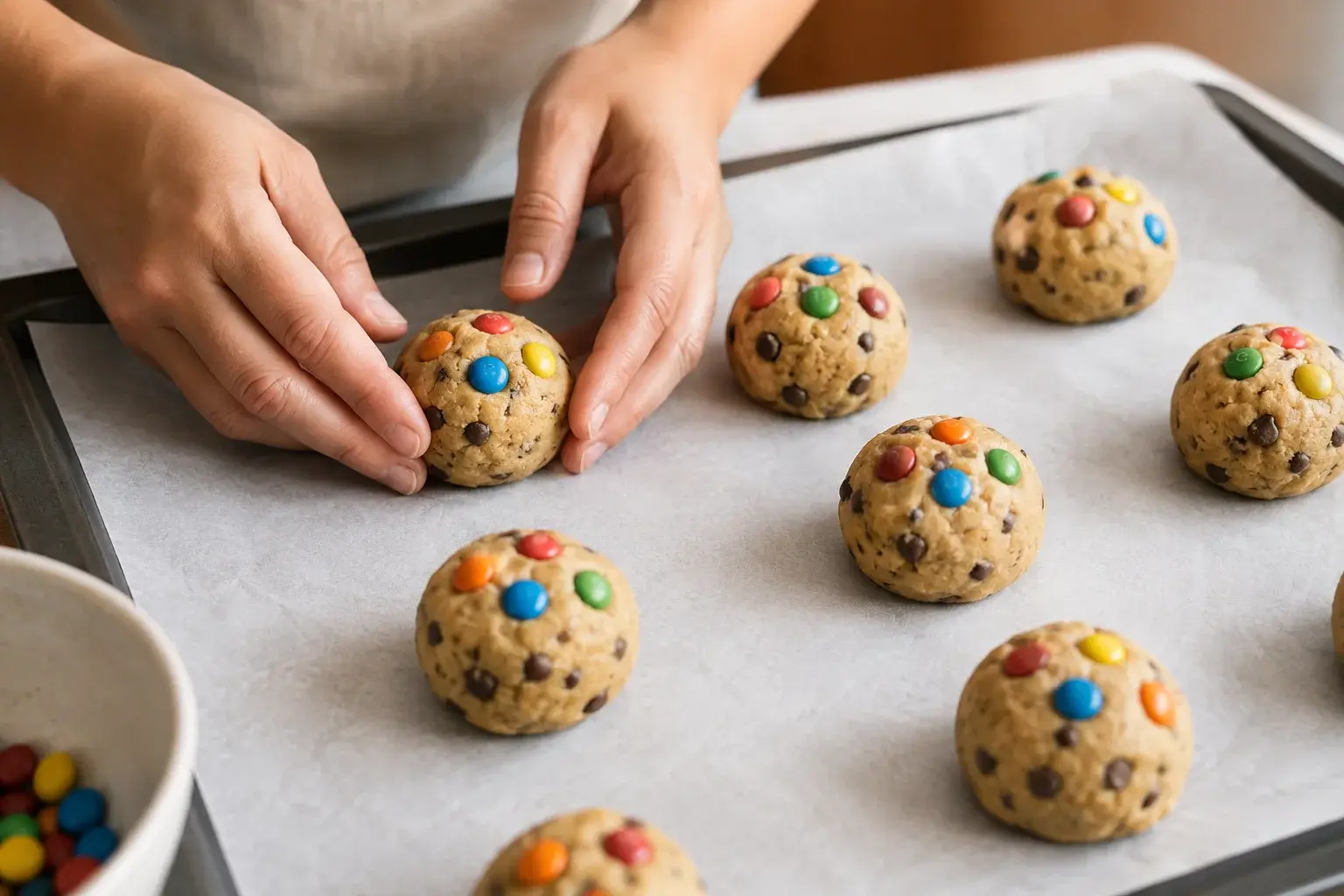Mains qui façonnent des boules de pâte à cookie sur une plaque de cuisson tapissée de papier sulfurisé, M&M's colorés enfoncés sur le dessus