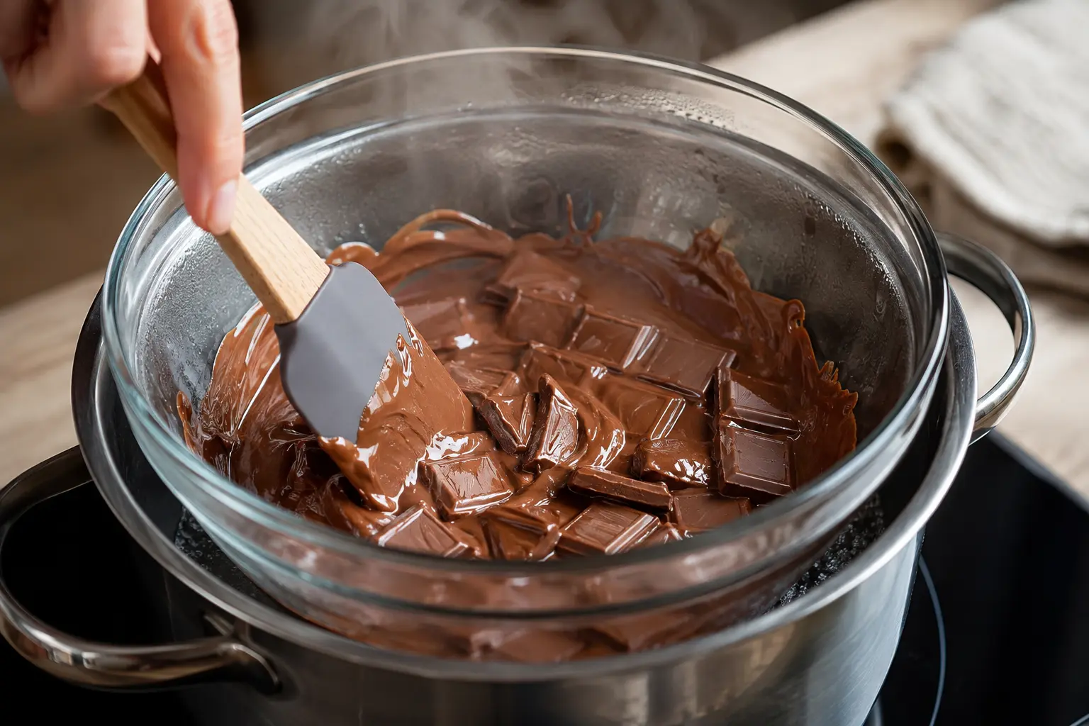 Chocolat au lait en train de fondre dans un bol au bain-marie avec une spatule