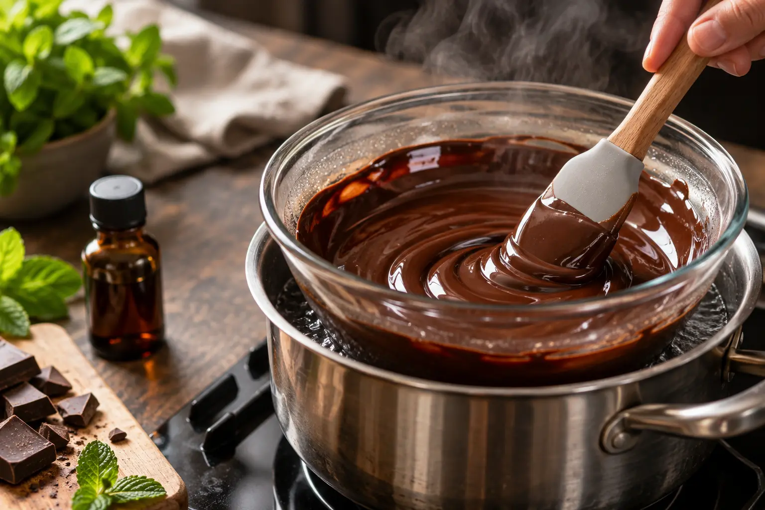 Chocolat noir en train de fondre dans un bol au bain-marie avec une spatule