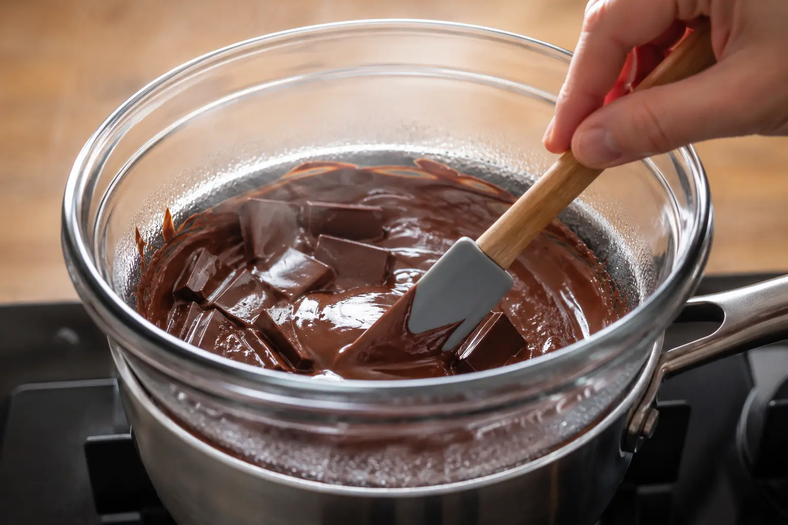 Chocolat noir en train de fondre dans un bol au bain-marie avec une spatule