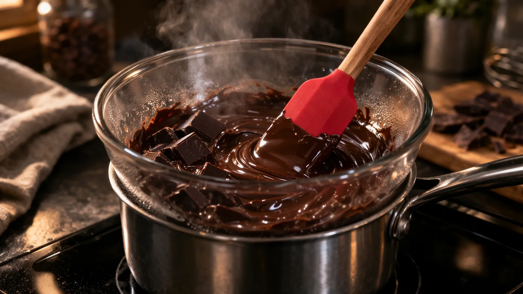 Chocolat noir en train de fondre dans un bol au bain-marie, texture lisse et brillante visible, spatule en silicone