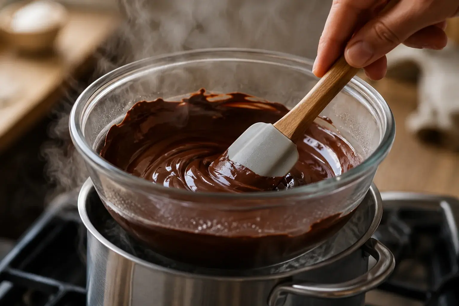 Chocolat noir en train de fondre au bain-marie dans un bol en verre