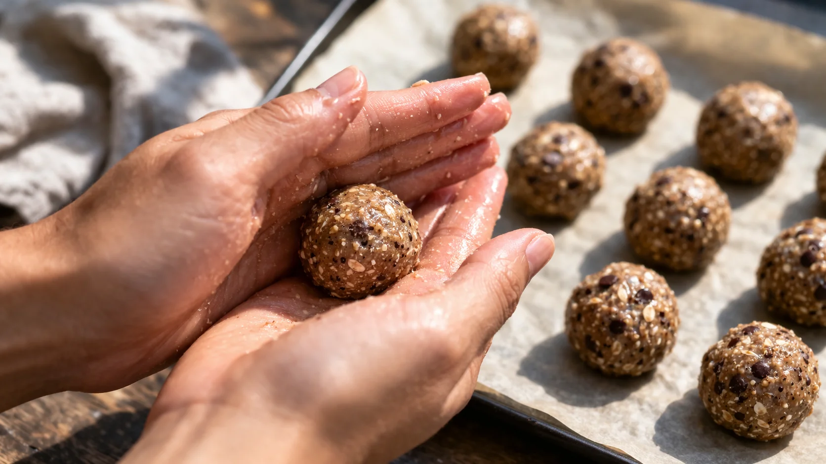 Façonnage des protein balls entre les paumes pour former des sphères régulières