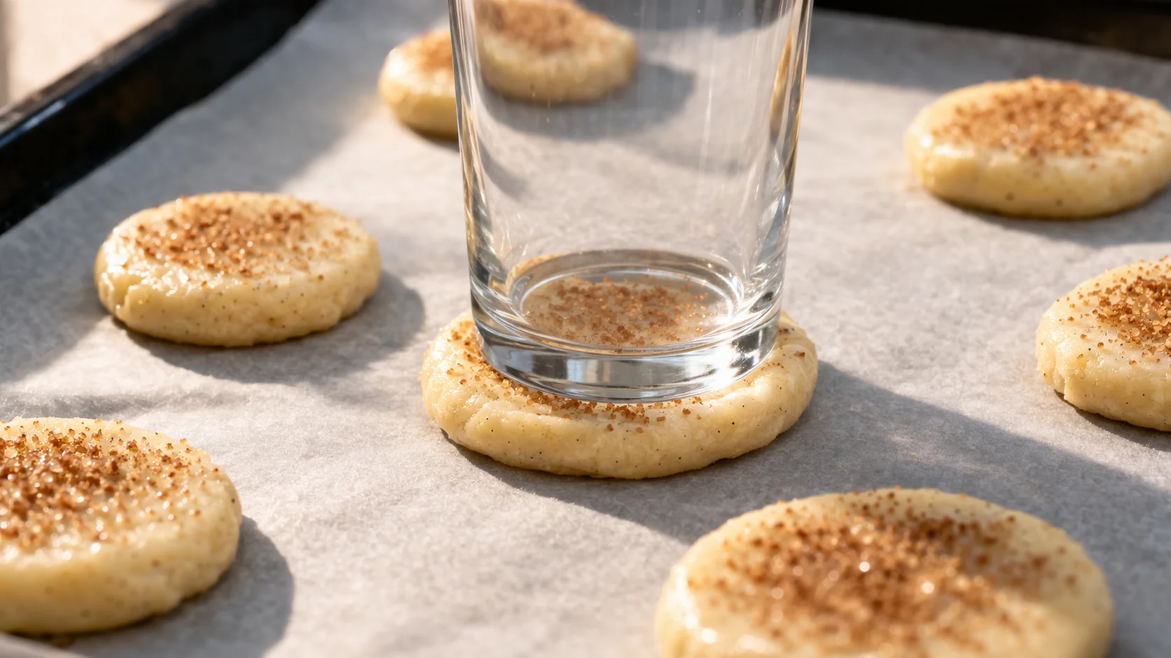 Fond de verre aplatissant une boule de pâte vanille sur une plaque tapissée de papier cuisson, biscuits déjà formés bien espacés, sucre de coco saupoudré sur le dessus