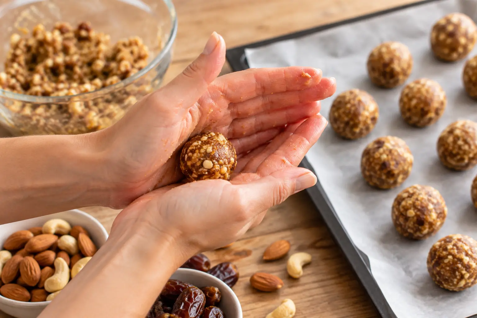 Mains en train de rouler une energy ball aux fruits secs entre les paumes