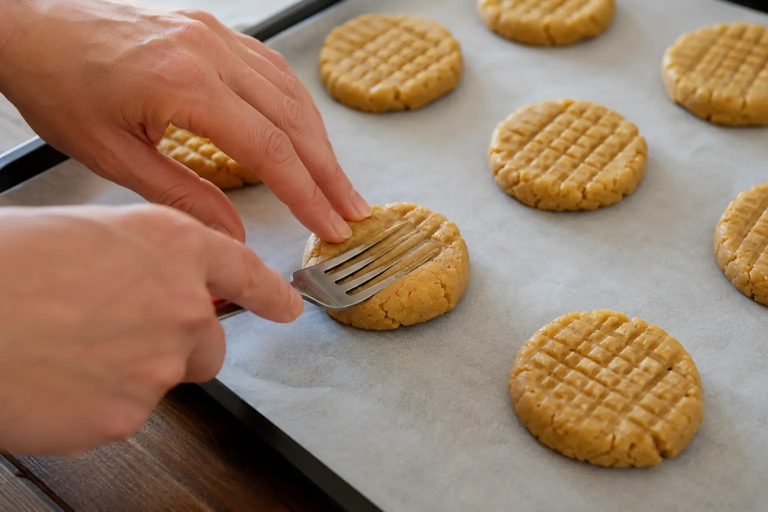 Boules de pâte à cookies aplaties à la fourchette sur une plaque de cuisson recouverte de papier sulfurisé