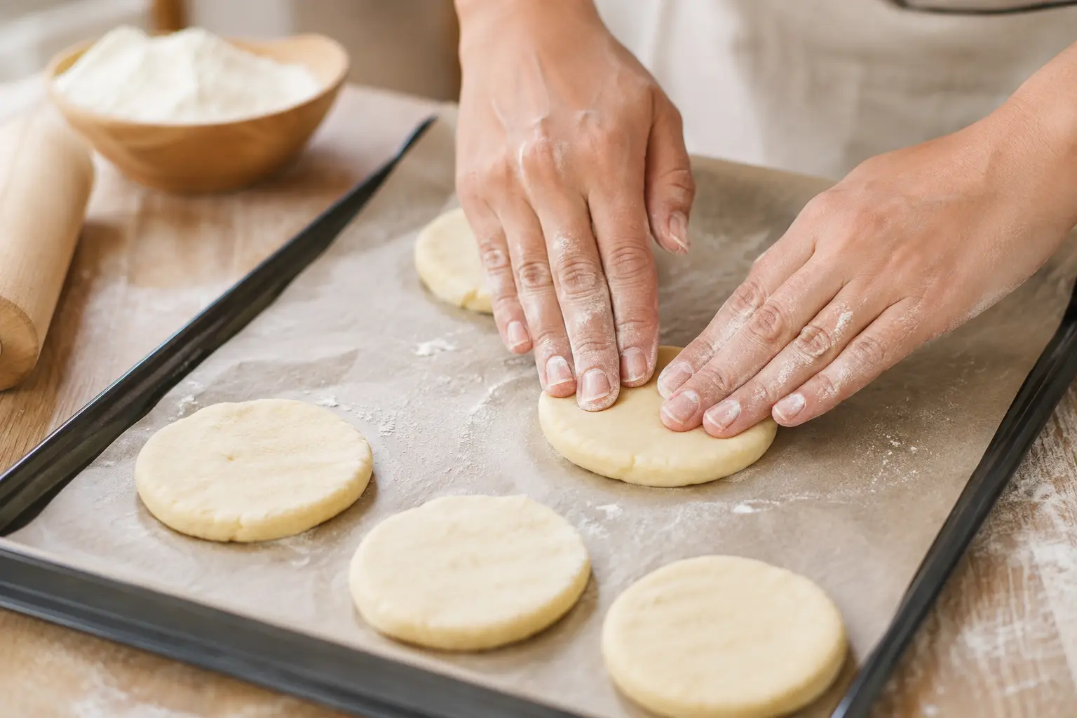 Mains formant des disques de pâte protéinée sur une plaque de cuisson