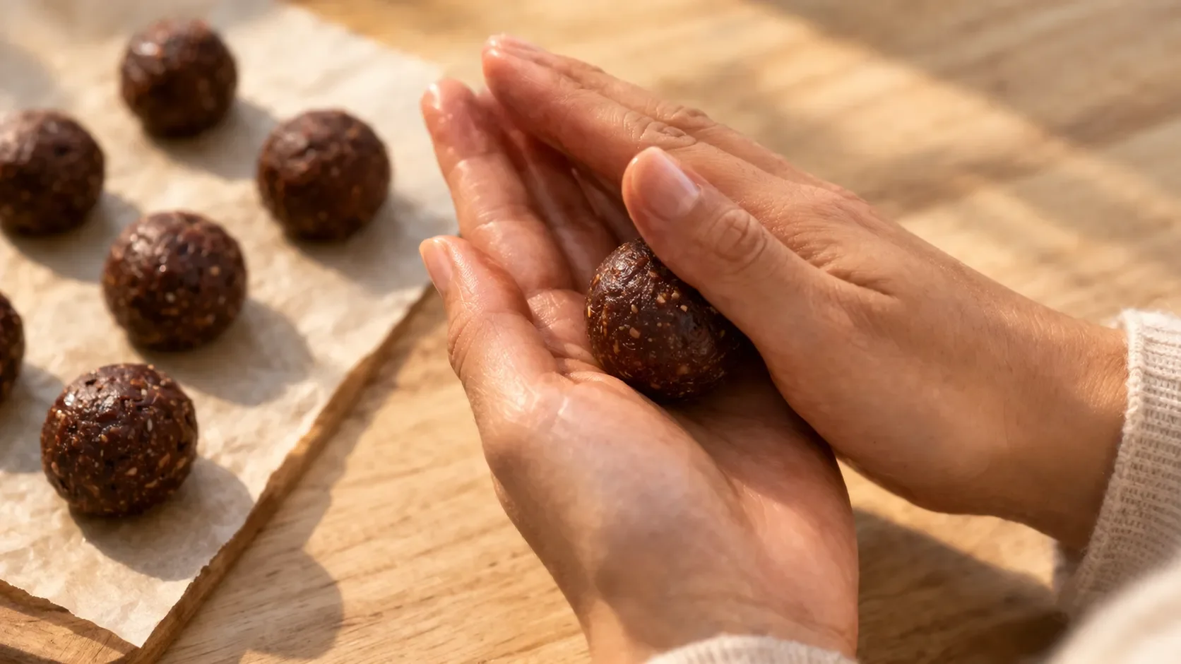Mains qui roulent une energy ball dattes-cacao entre les paumes au-dessus d'un plan de travail en marbre