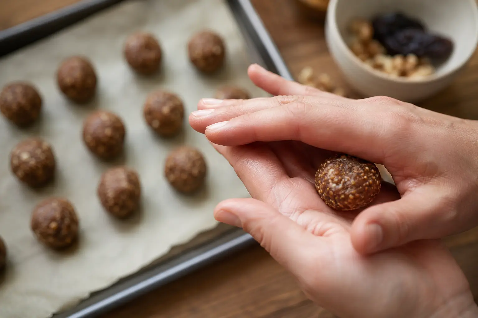 Mains roulant une boule de pâte figues-noix au-dessus d'une plaque avec plusieurs energy balls déjà formées