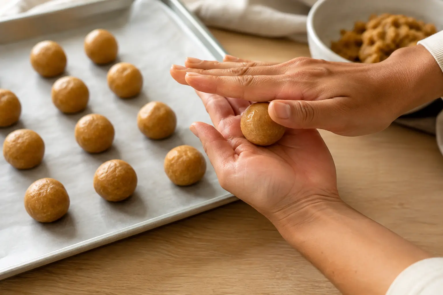 Mains en train de rouler une energy ball tropical entre les paumes