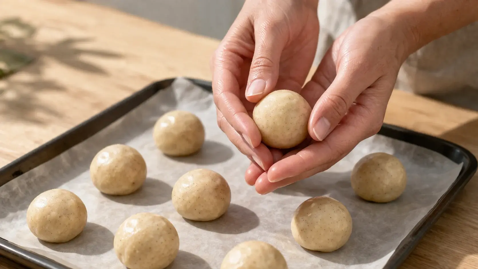 Mains formant une boule de pâte cajou vanille au-dessus d'un plat garni de papier cuisson