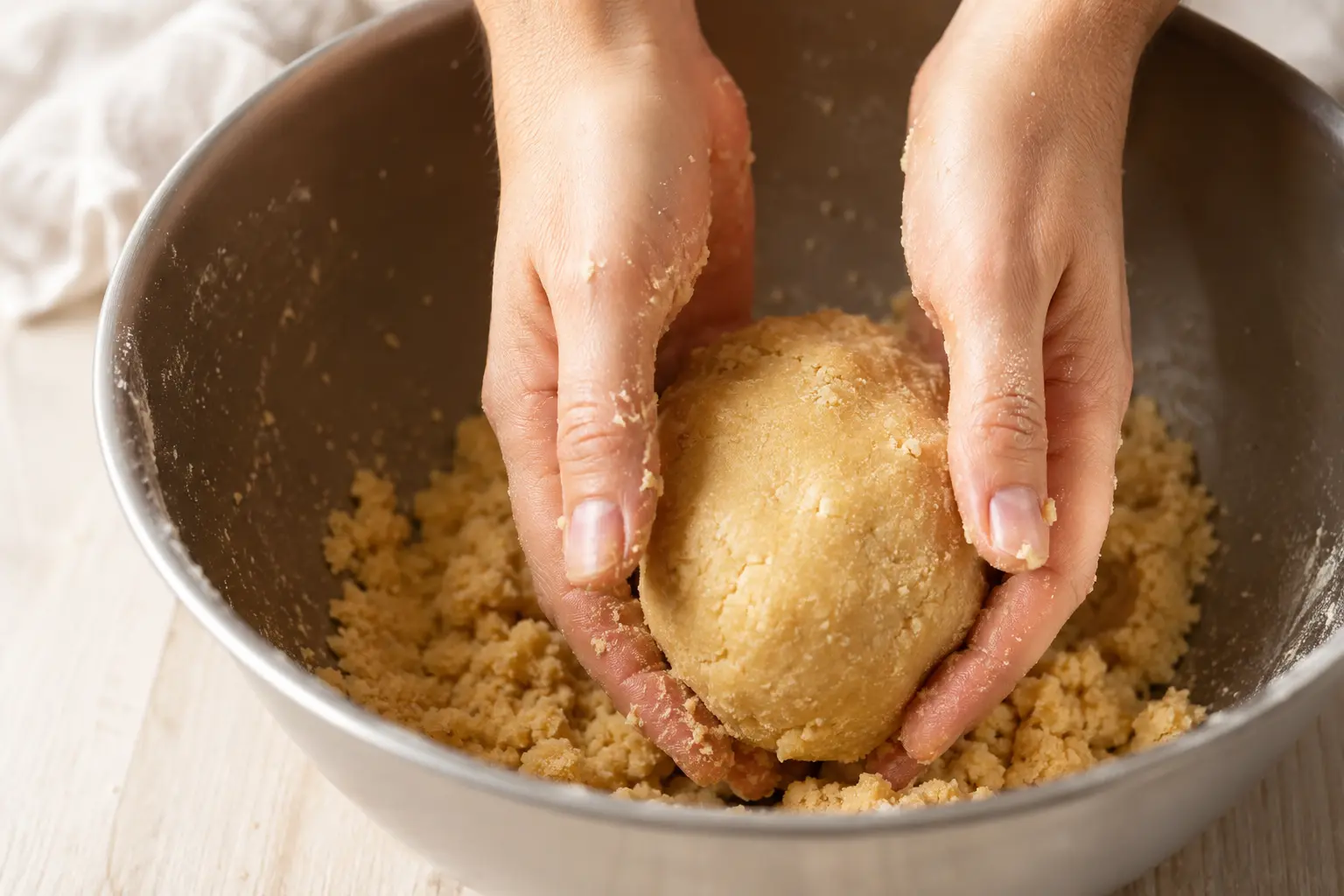 Pâte à biscuits sablés protéinés formée en boule dans un saladier