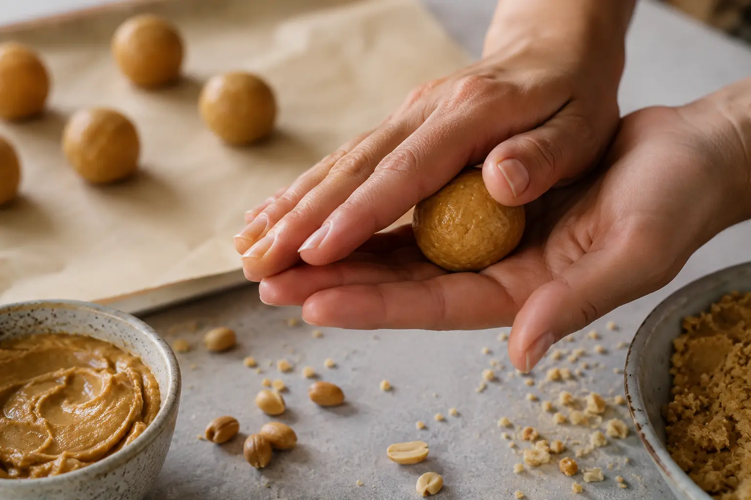 Mains roulant une protein ball cacahuète-caramel entre les paumes