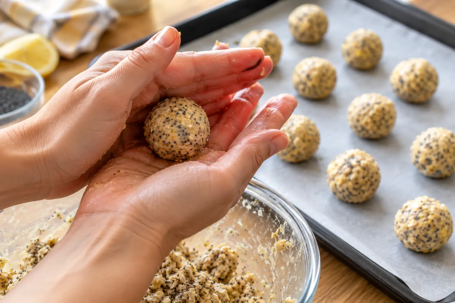 Mains roulant une boule de pâte citron-pavot entre les paumes, avec d'autres balls déjà formées sur une plaque